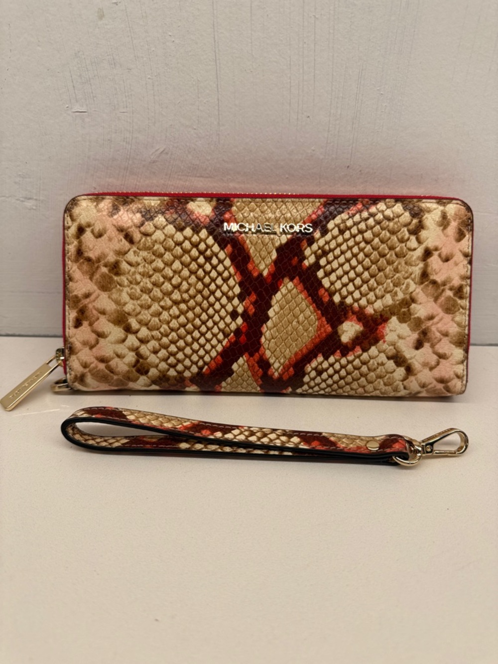 Michael Kors Red and Beige Snake-Print Zip Wristlet - Picture 5 of 6